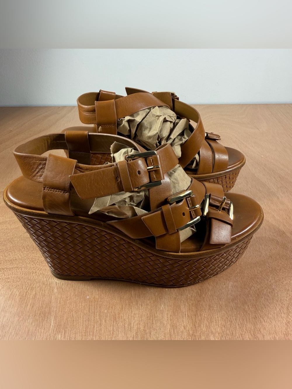 Michael Kors Collection Varick Brown Leather Platform Wedge Sandals Sz 37 Italy - Picture 3 of 16